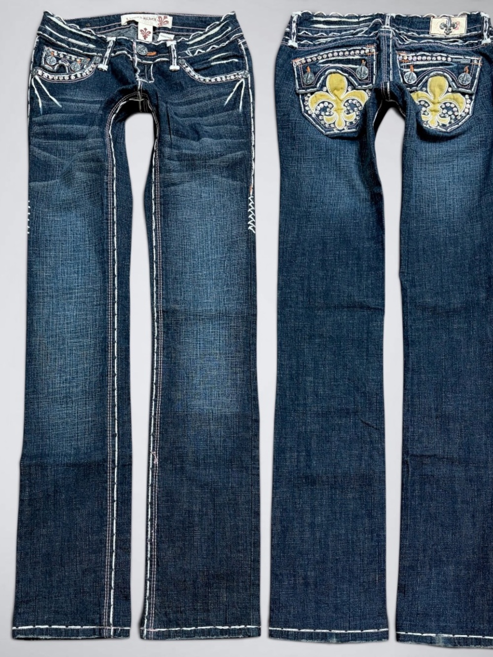 VTG Laguna Beach Ultra Low Rise Slim Straight Jeans | Embellished Thick Contrast